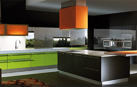 yeşil turuncu siyah renkli modern mutfak dekorasyonu modeli